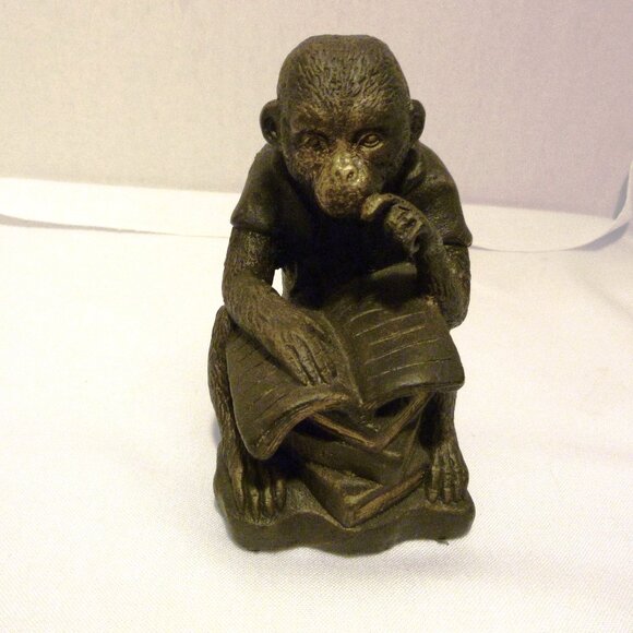 Vintage Figural Anthropomorphized Reading Monkey Cast Bronze Bookend Figurine